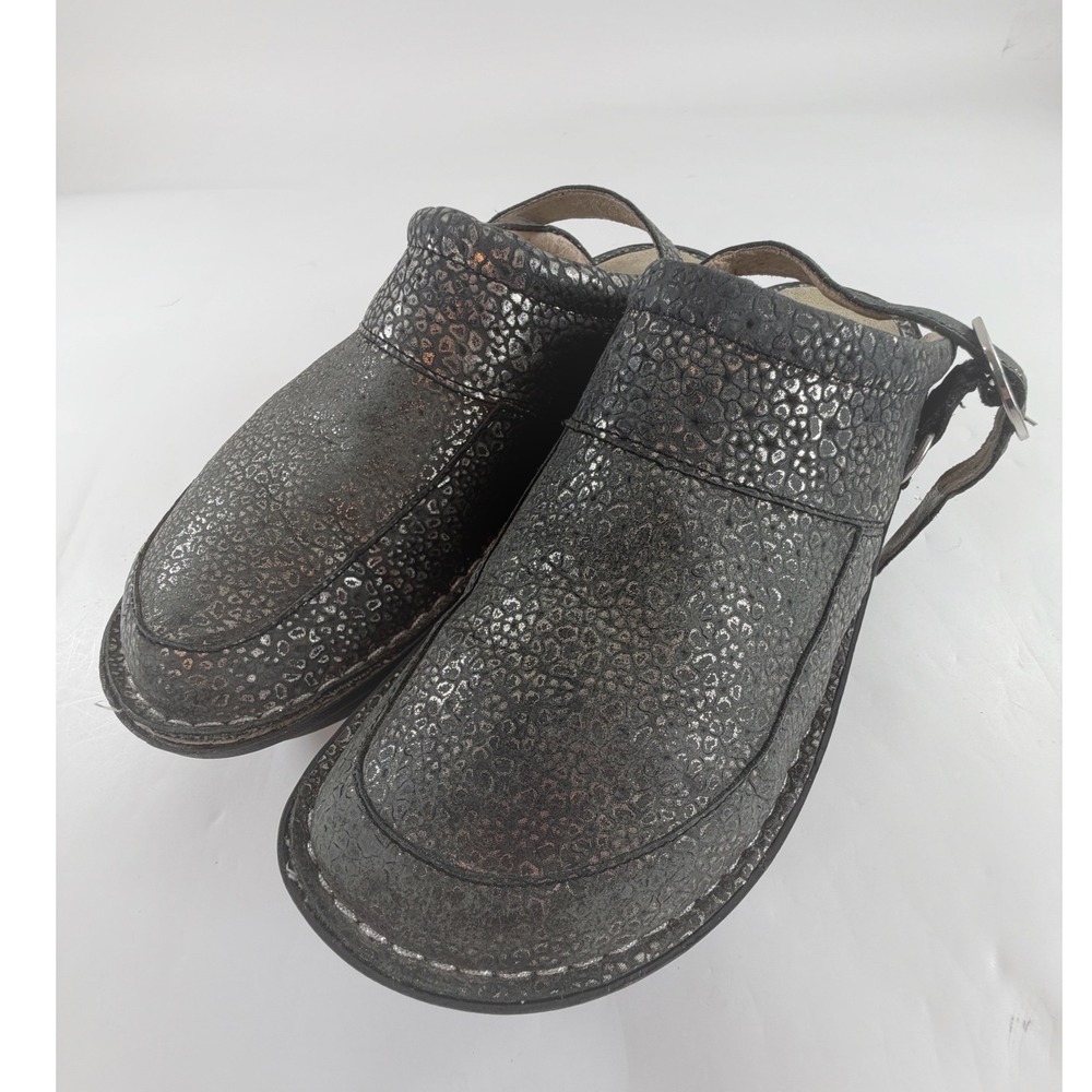 Alegria Seville Metallic Pewter Leopard Leather Clogs Swivel Strap Women 40 9